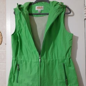 Bright green hooded vest with adjustable toggle waist, two zip close pockets